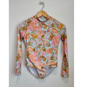 Billabong Floral Long Sleeve Rash Guard One-Piece Swimsuit Back Zip Girls 14